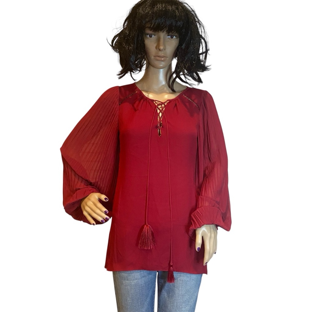 White House Black Market Pleat Sleeves Lace-up Tassels Blouse Top Red Size 6 NWT